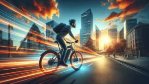 Hombre con bicicleta eléctrica por la ciudad. Cómo Elegir tu Bicicleta Eléctrica Ideal Consejos de Expertos