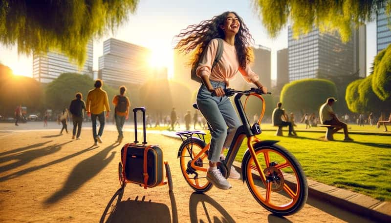 Mujer montando bicicleta plegable