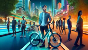 Hombre en bicicleta eléctrica en la cuidad.