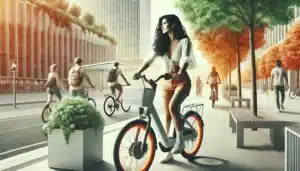 Mujer joven andando en bicicleta eléctrica. Impacto Ambiental de las Bicicletas Eléctricas