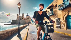 Hombre adulto Paseando en las murallas de Cartagena. Las Mejores Rutas para Bicicletas Eléctricas en Colombia.