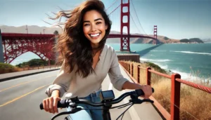 Mujer recorriendo Estados Unidos en bicicleta eléctrica. Las Mejores Rutas para Bicicletas Eléctricas en Estados Unidos.