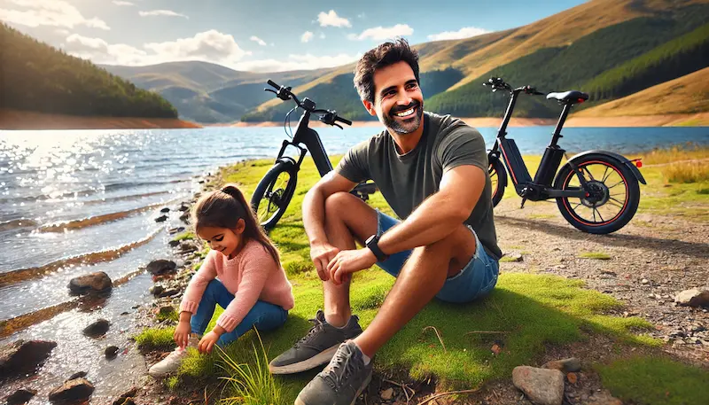 Padre de familia con su hija andando en bicicleta eléctrica. Las Mejores Rutas para Bicicletas Eléctricas en Cundinamarca