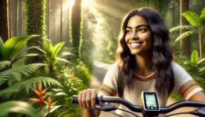 Mujer joven disfrutando de su paseo en bicicleta eléctrica. Las Mejores Rutas para Bicicletas Eléctricas en Florida Descubre la Libertad de Explorar